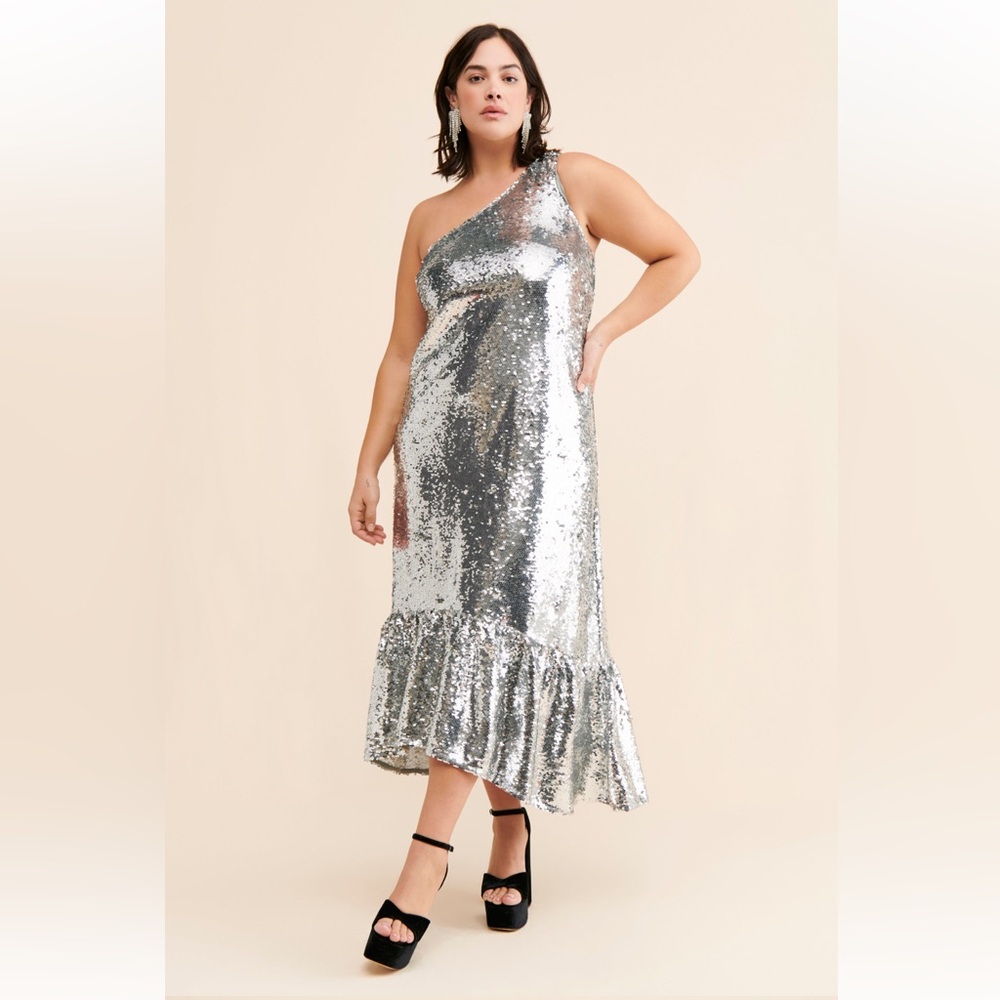 Anthropologie Maeve Silver Sequin One Shoulder Ruffle Midi Dress